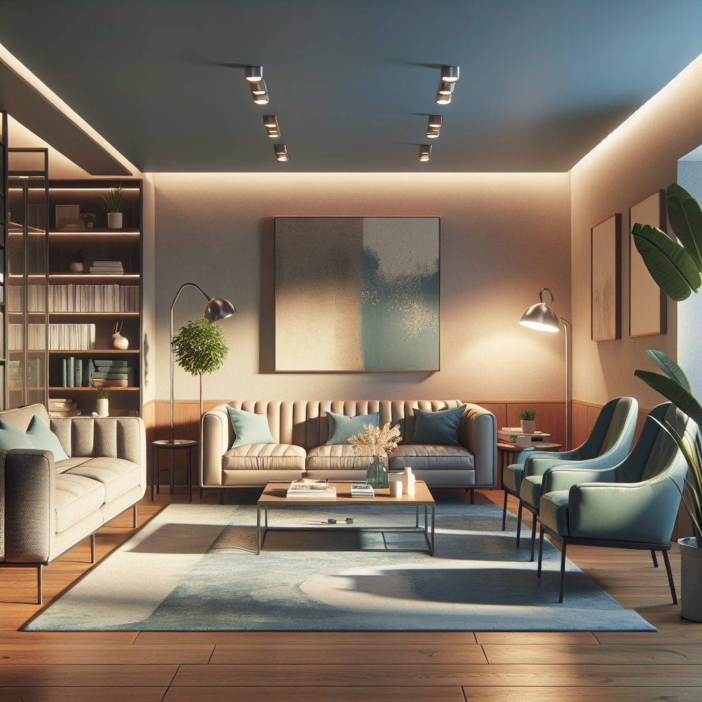 A calm and welcoming waiting room in a modern psychologist's office, warm lighting, and comfortable seating, conveying a sense of serenity.