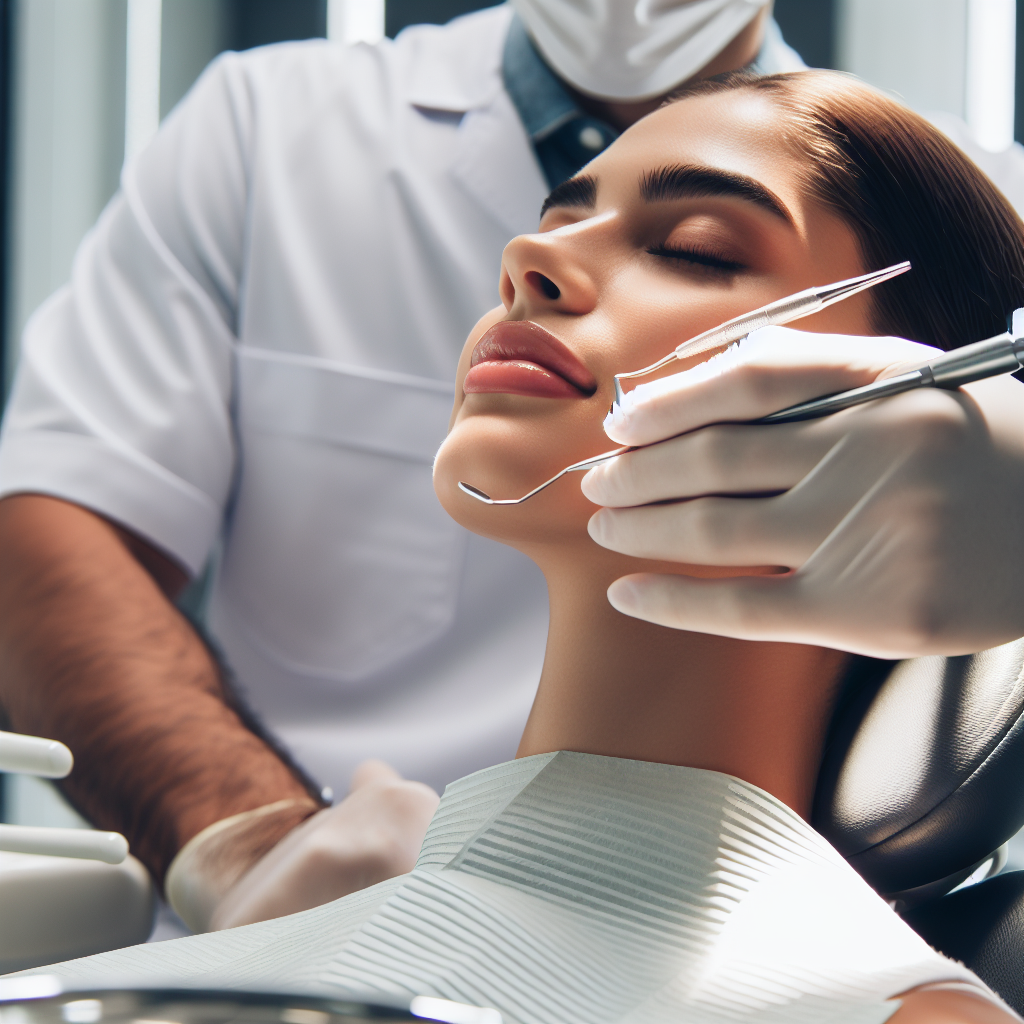 Nærbilde av en tannlegeklinikk i moderne lys, pasient i tannlegestol med tannlege i arbeid, rolig og profesjonelt miljø