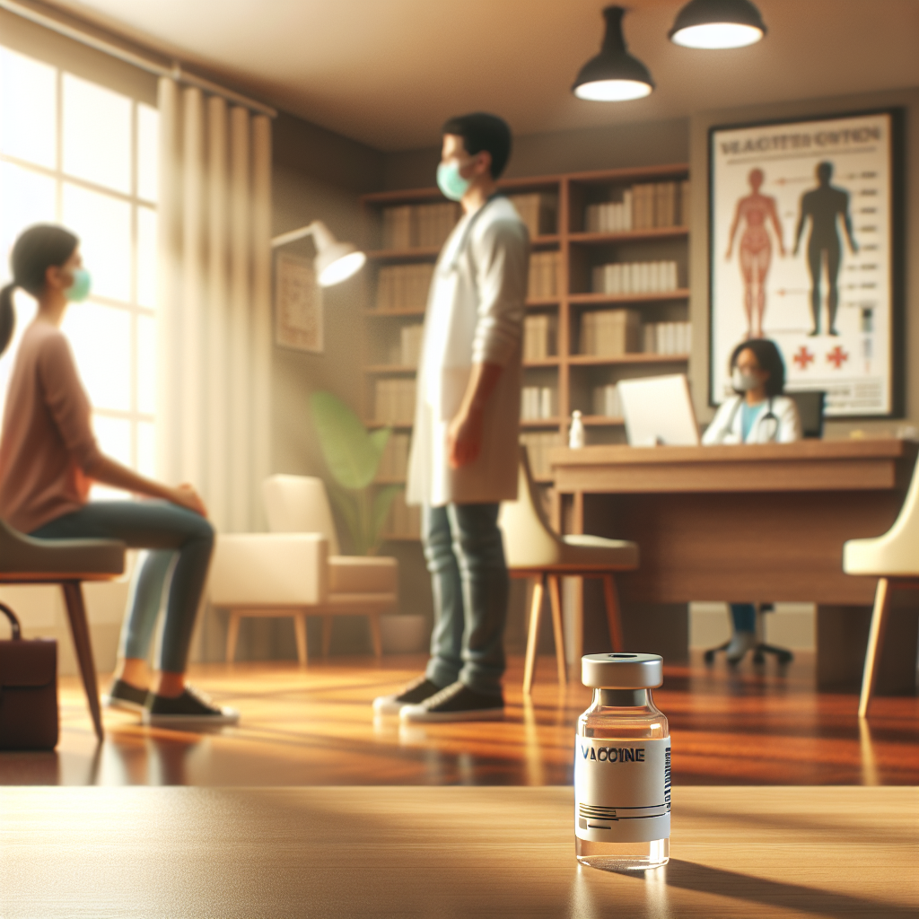 Oversiktsbilde av en legeklinikks venterom med en pasient som snakker med en helsearbeider, vaksineflaske og journal i forgrunnen, klart og innbydende lys