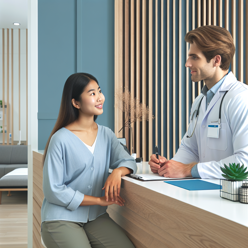 En profesjonell, vennlig klinikkresepsjon med en pasient som snakker med en helsearbeider, moderne nordisk fargepalett, lys og rolig atmosfære, høy oppløsning