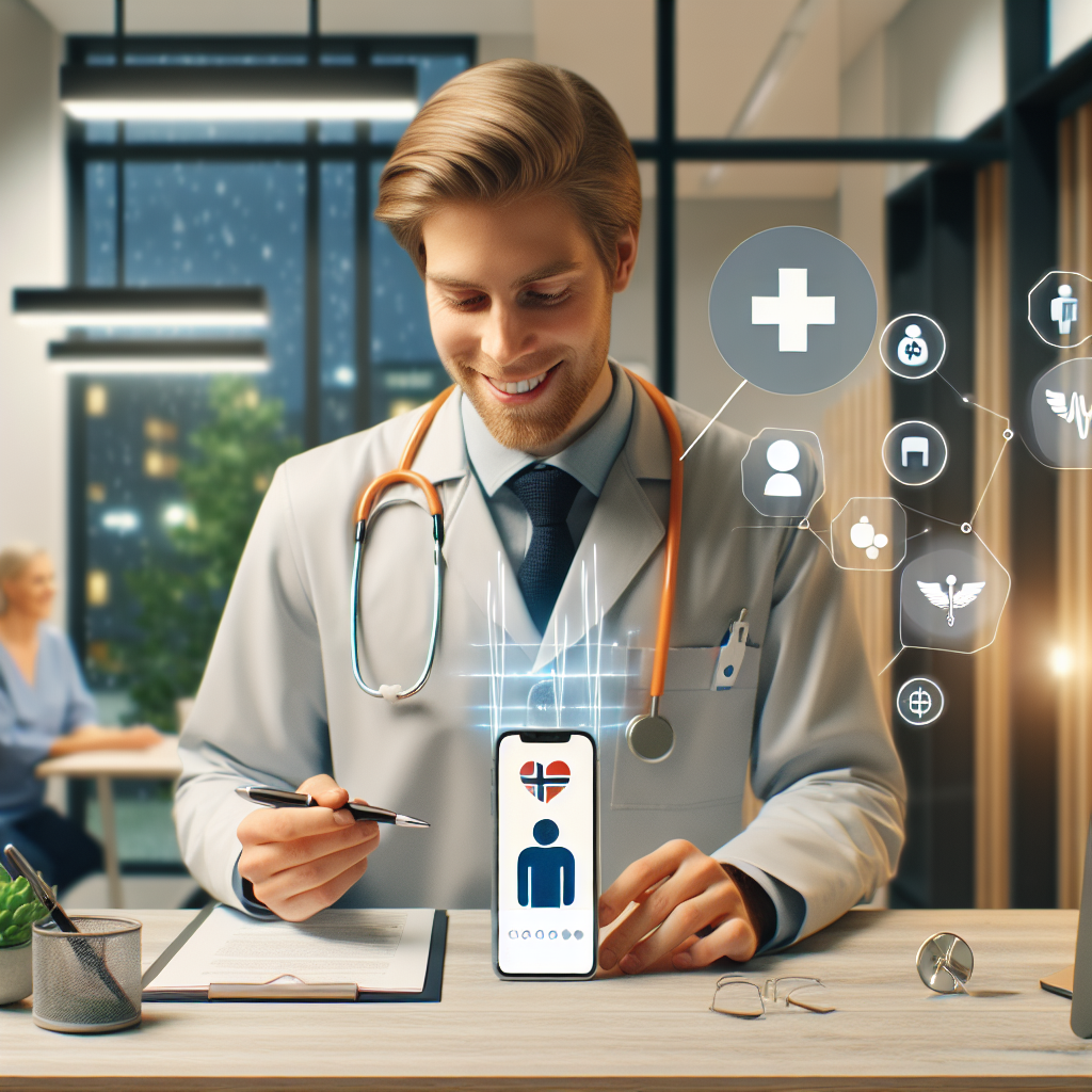 Norsk lege i video-konsultasjon med pasient på smarttelefon, moderne klinikkbakgrunn, varm og profesjonell stemning, digital helseteknologi-ikoner