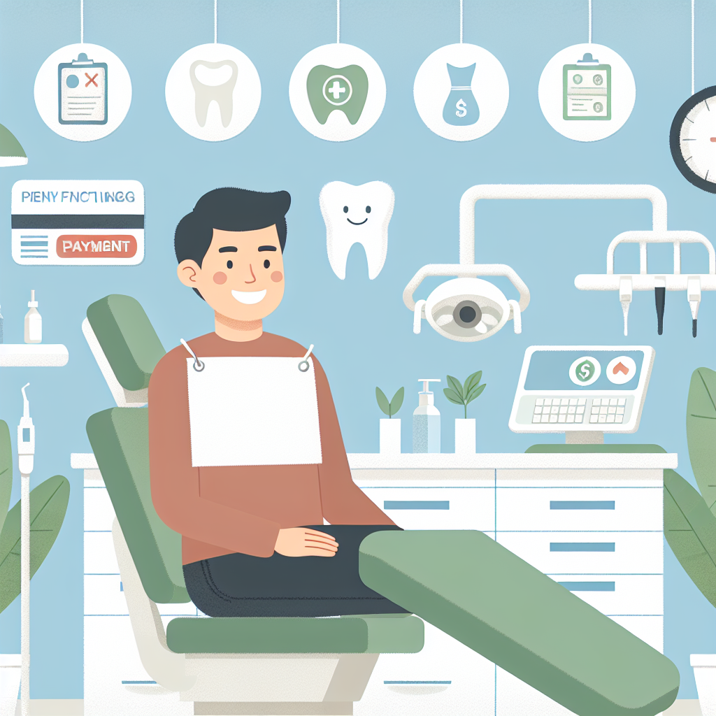 Venlig tannlegeklinikk interiør, pasient i tannlegestol som smiler, bærekraftige elementer (planter, energieffektiv utstyr) og ikoner for betaling og finansiering, lys, moderne stil