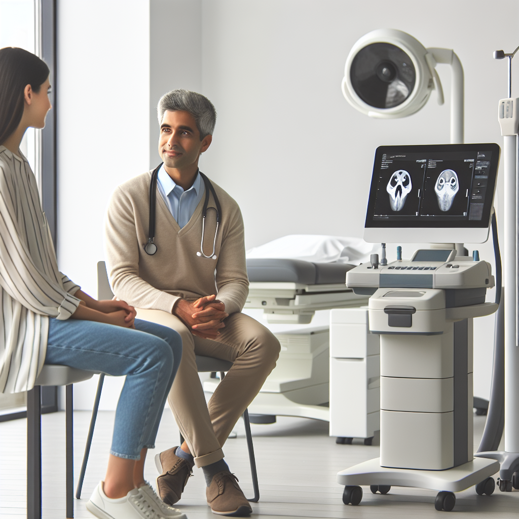 Moderne nordisk legekontor for øre-nese-hals, lege snakker med pasient, diagnostisk utstyr i bakgrunnen, klart og profesjonelt lys