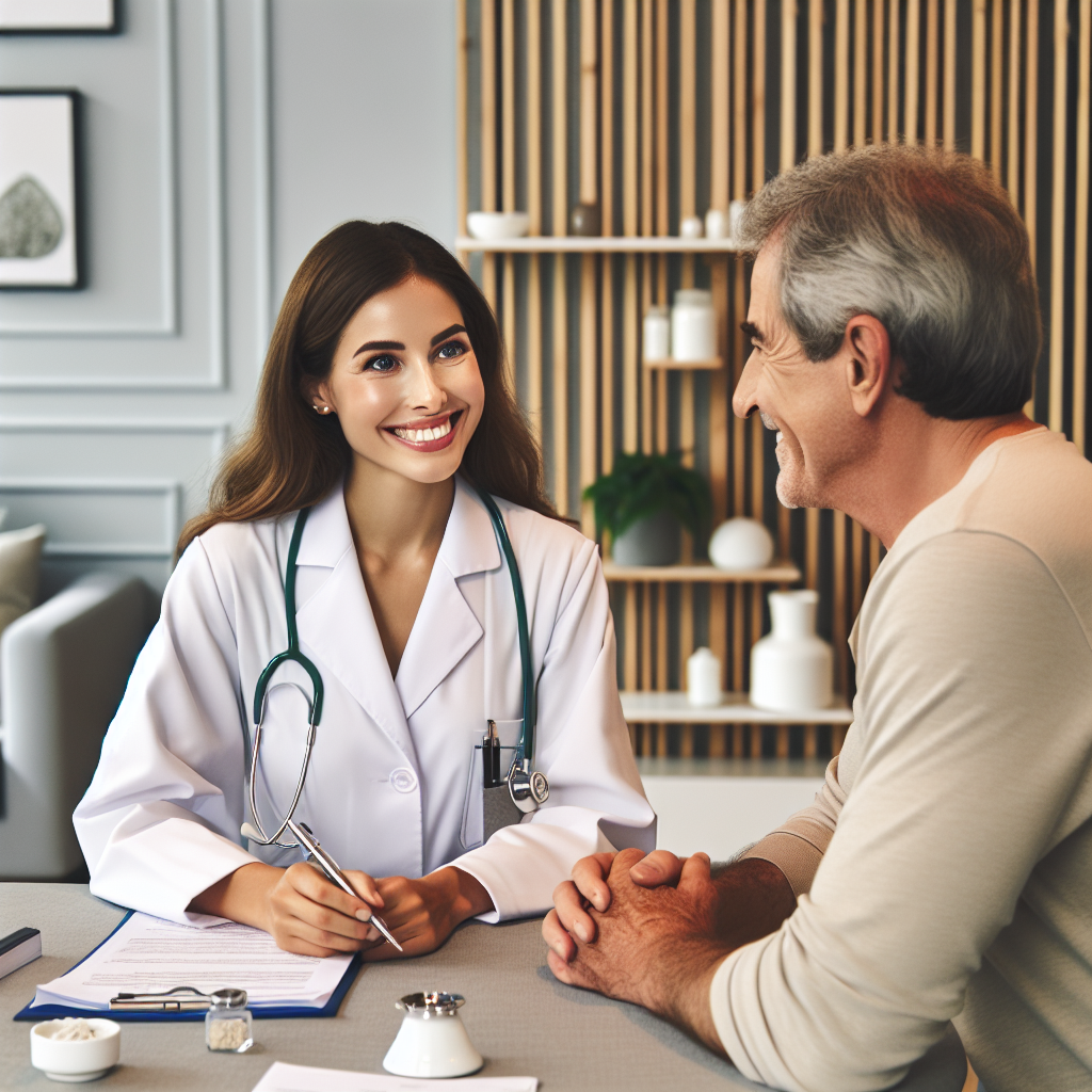 Lege og pasient i en moderne klinikk under konsultasjon, vennlig atmosfære, norsk helsetjeneste, myke naturlige farger, dokumenter og notatblokk på bordet