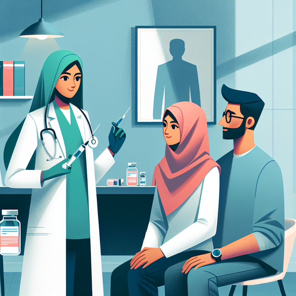 En moderne helseklinikk-scene: lege som forklarer vaksinasjon til en familie, rolige farger, nordisk estetikk, fokus på trygghet og tilrettelegging