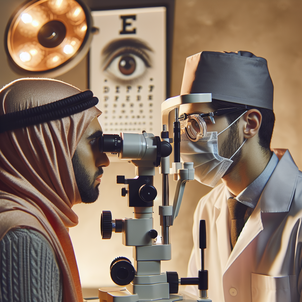 Moderne øyeklinikk: øyelege undersøker pasient med spaltelampe, varmt lys, rolig konsultasjonsrom, nærbilde av øye og medisinsk utstyr