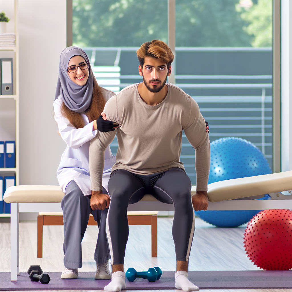 En rolig klinikkscene med en fysioterapeut som viser øvelser til en pasient, lyst og profesjonelt miljø, nordisk stil, myke farger