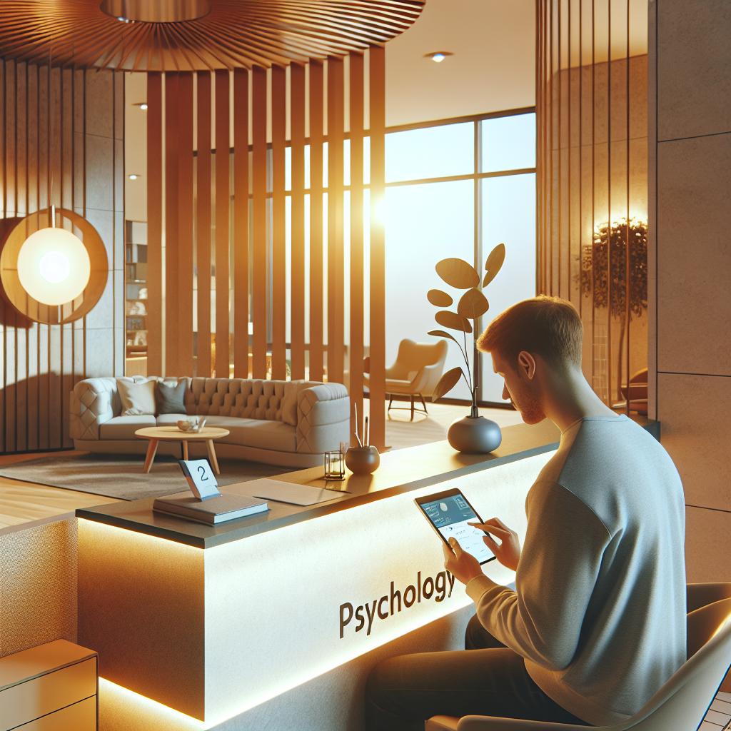 Rolig nordisk psykologmottak med en pasient som bestiller time på nettbrett i resepsjonen, varm belysning, beroligende farger, moderne interiør