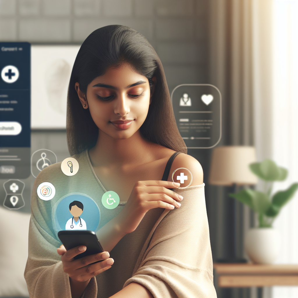 Fotorealistisk bilde av en person som bestiller legetime på mobilen i et moderne hjem, rolig fargepalett, helserelatert ikonografi i bakgrunnen