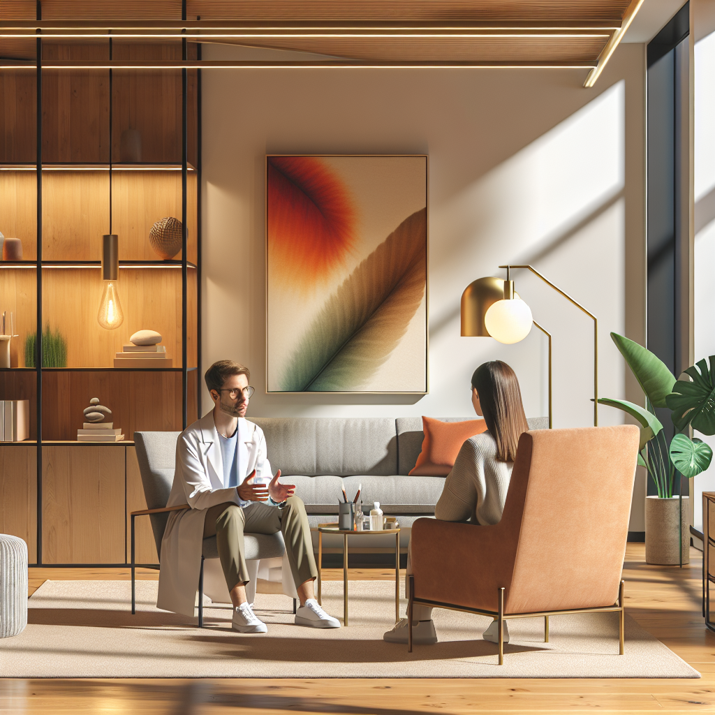 Nordisk, rolig konsultasjonsrom med psykolog og pasient i samtale, naturlig lys, varme farger, moderne interiør og følelse av trygghet