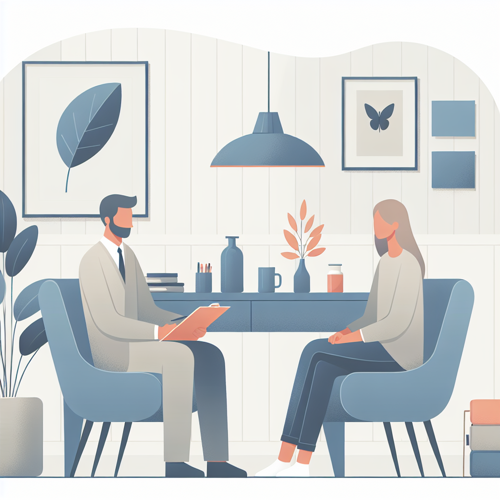 Moderne, rolig illustrasjon av en psykologisk konsultasjon; vennlig terapeut og avslappet pasient i lys, nordisk klinikk, dempede farger og innbydende atmosfære