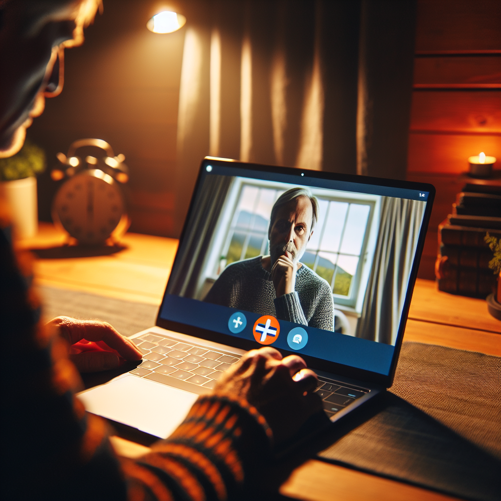 Norsk pasient i hjemmet som har en video-konsultasjon med legen på en bærbar PC, varmt lys, rolig bakgrunn, brukervennlig grensesnitt på skjermen